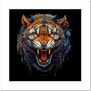 Cybernetic Fury Unleashed - Close-up of a Roaring Tiger Posters and Art